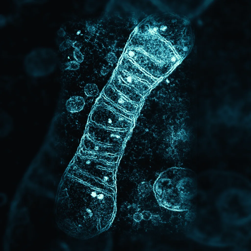 A single mitochondrion under a transmission electron microscope, its outer membrane and stacked cristae clearly visible
