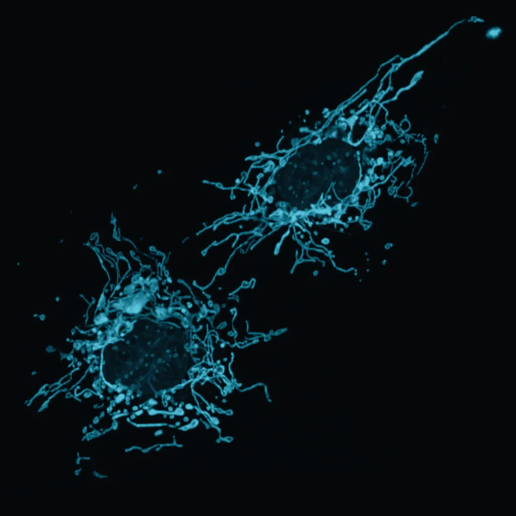 Two living cells whose mitochondrial networks glow like filaments